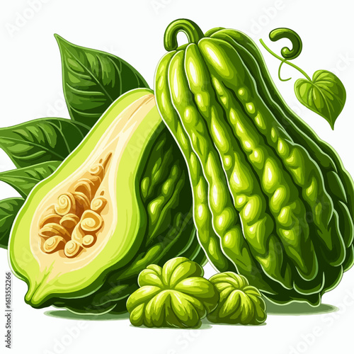 Close-up, digitally illustrated image of a whole and sliced gourd with vibrant green and pale yellow tones, along with leaves and seeds.
