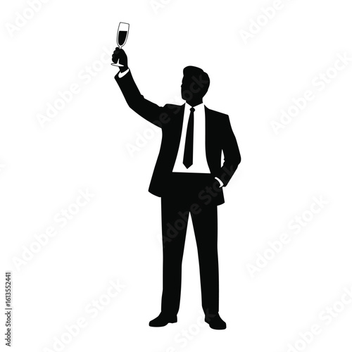 Silhouette of a businessman in a suit holding up a trophy in celebration