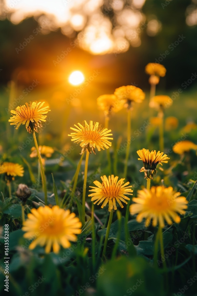 Obraz premium Close up view of vibrant yellow dandelions in a meadow at sunset, capturing nature s beauty