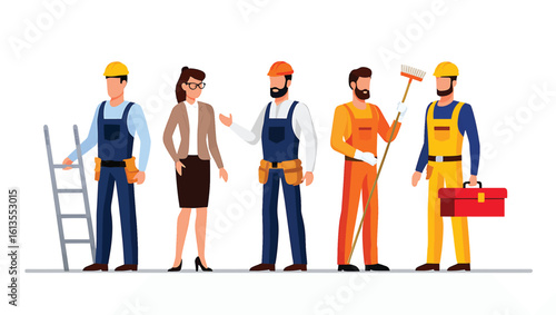 Professional team of industrial workers with tools and female supervisor vector