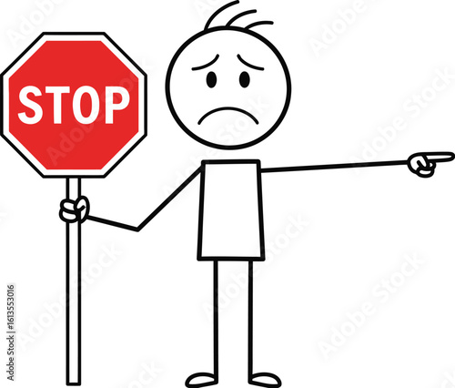 Stop sign illustration with sad stick figure pointing direction vector image download free clip art