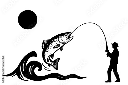 fisher man, hunt fish in a sea silhouette