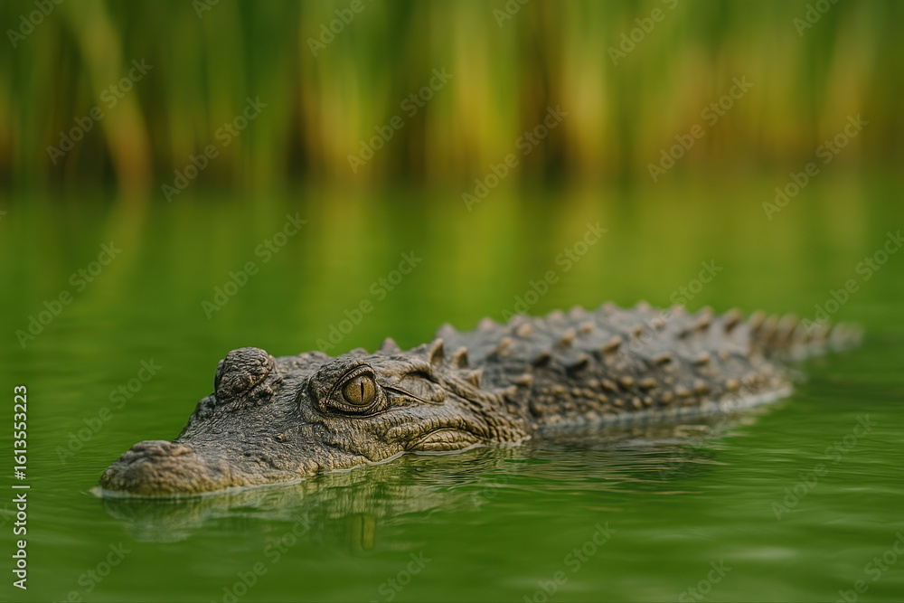Obraz premium Crocodile Camouflaged in Green Water with Reflective Ripples and Textured Skin in the Wild Natural Habitat