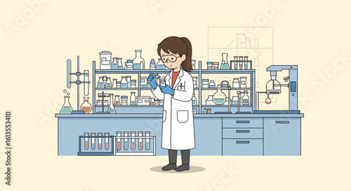 Female Lab Technician Handling Test Tubes – Modern Laboratory Vector