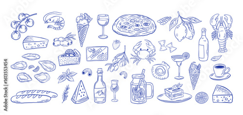 Hand-drawn Italian food and drink vector illustration. Set of mediterranean seafood, wine, lemonade, olives, pizza, pasta, cheese and desserts. La Dolce Vita theme. Summer vacation icons