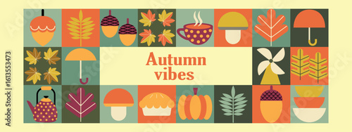 Autumn Vibes Geometric Fall Harvest Collage. Banners with autumn elements in Bauhaus style. Autumn poster design.
