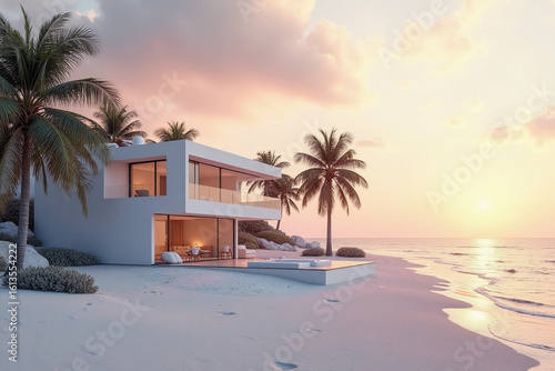 Fototapeta Naklejka Na Ścianę i Meble -  Modern luxury beach house at sunset with palm trees