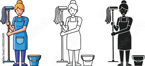 Cleaning service woman with mop and bucket vector illustration cleaning lady house cleaning