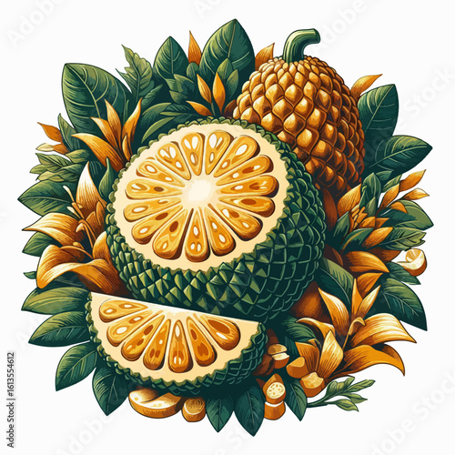 Colorful, detailed illustration showcases a cluster of tropical fruits and flowers.  A round composition with slices of fruit and leaves.