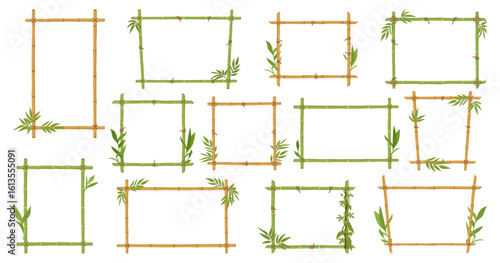Cartoon bamboo frames. Wooden planks exotic signs, jungle borders with bamboo sticks and leaves flat vector illustration set. Bamboo frames on white