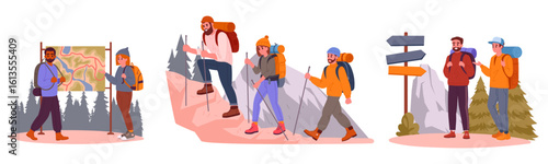 Hiking people. Active outdoor characters trekking and camping, hiking and backpacking flat vector illustration set. Outdoor adventure scene collection