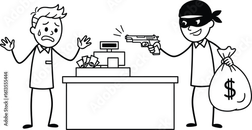 Cartoon robbery illustration of a stick figure robber holding a gun at a cashier for money