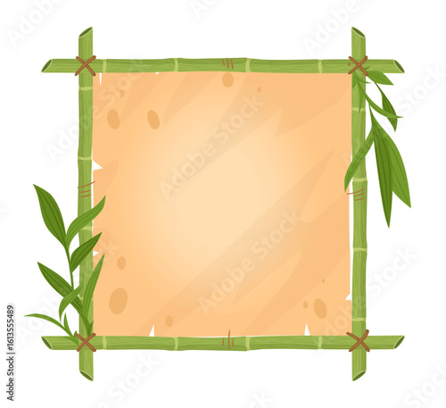 Jungle border with bamboo sticks. Bamboo wooden frame, bamboo plant with leaves frame flat vector illustration. Cartoon bamboo sign board on white