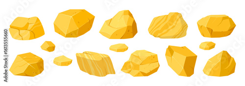 Yellow golden nuggets. Gold shiny stones, jewel cobblestone nuggets flat vector illustration set. Cartoon golden treasure rocks on white