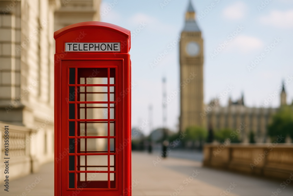 Obraz premium Iconic Red Telephone Booth With Big Ben in London Architectural Landmark Urban Scene