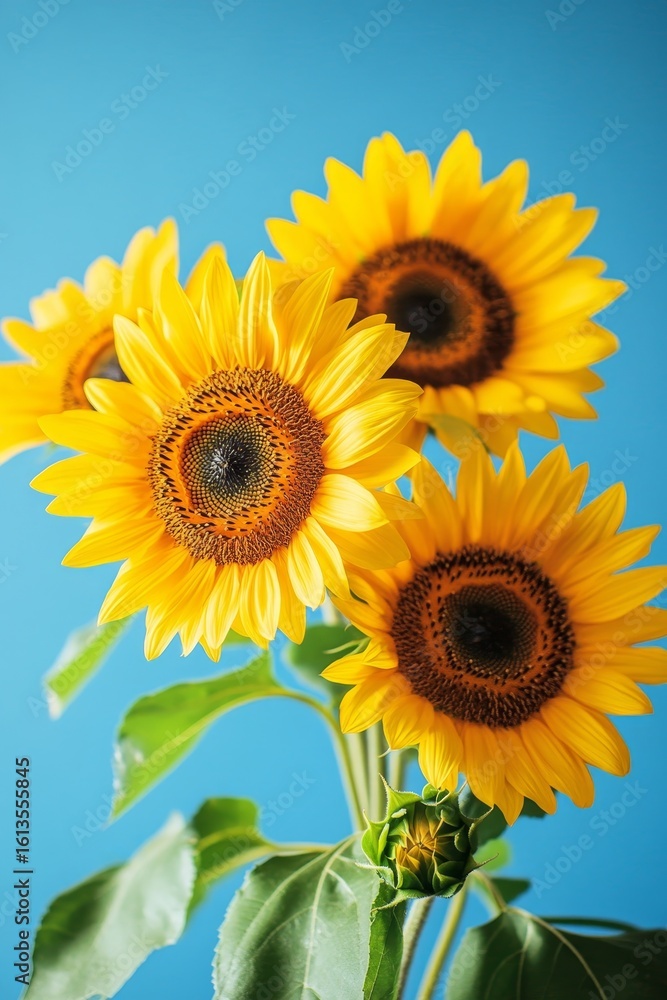 Obraz premium Vibrant yellow sunflowers bouquet isolated on blue background with ample copy space