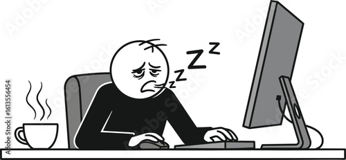 Tired stick figure falls asleep at the computer.