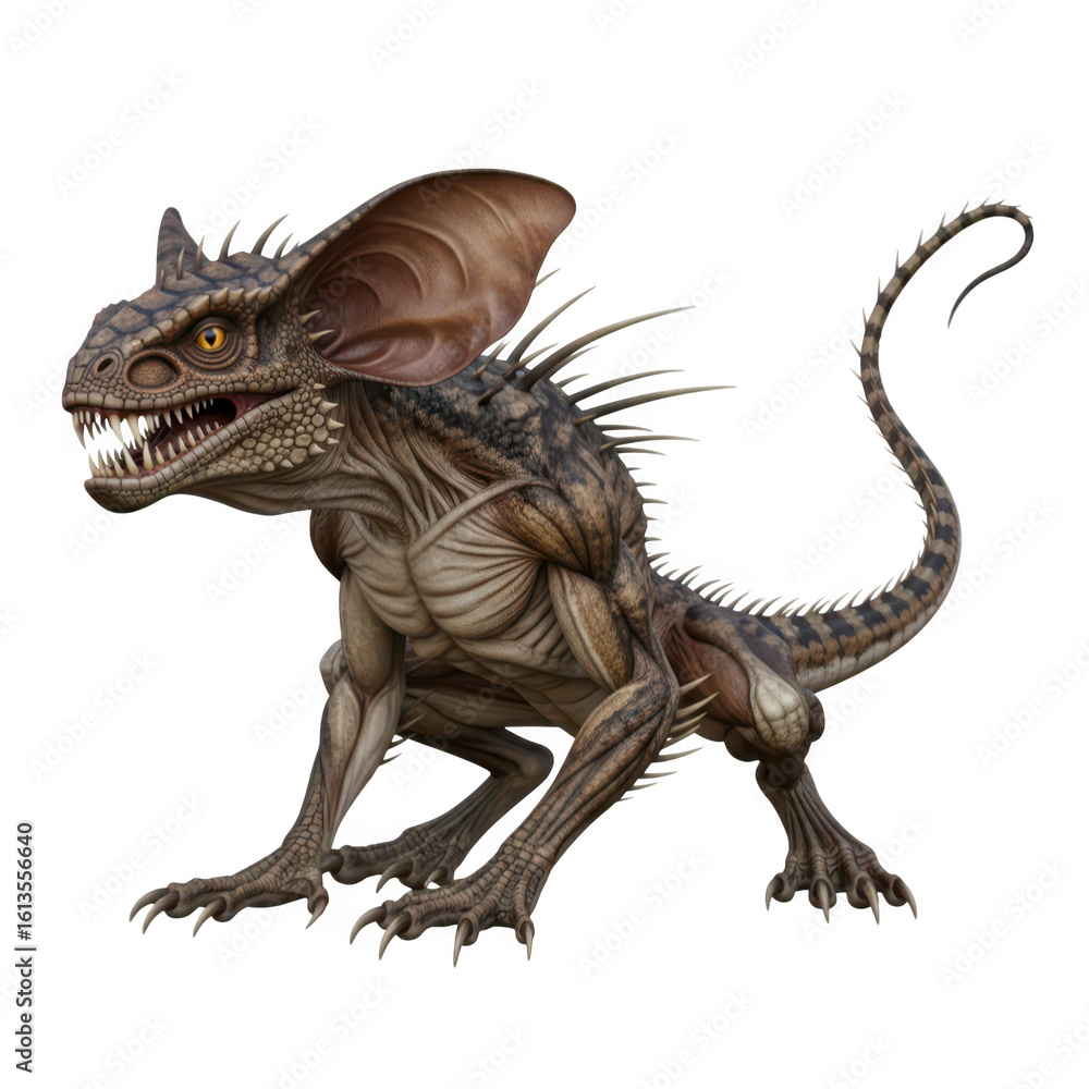 Fototapeta premium a fearsome, detailed fantasy monster with lizardlike features, sharp teeth, and large ears, isolated on transparent background