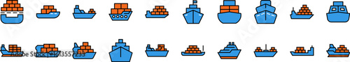 Pack of Filled Color Icons of Blue Red Ship. Minimalistic Linear Pictogram for Web and Graphic Design, Apps, Banners, Social Network and Cards