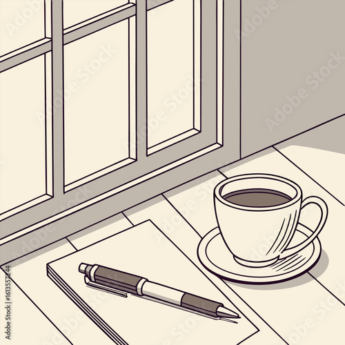 A cup of coffee and a pen on a notepad next to a window with sunlight shining through the window pane