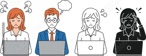 Stressed employees burnout frustration overworked deadline pressure office work laptop users vector