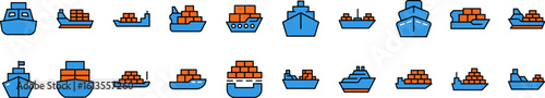Bundle of Filled Color Icons of Blue Red Ship. Minimalistic Linear Pictogram for Web and Graphic Design, Apps, Banners, Social Network and Cards