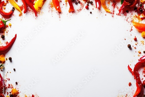 Colorful chili peppers and spices arranged in a frame