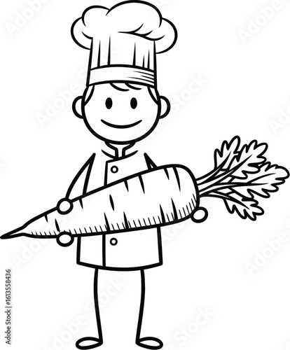 Chef holding carrot illustration for cooking blog and healthy recipe website food preparation guide