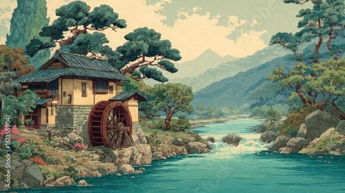 Asian-style watermill landscape