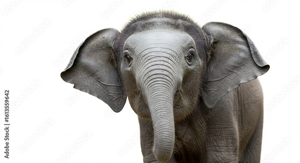 Naklejka premium 愛らしい象の子 白背景で輝く瞳 穏やかな表情. AI Generated