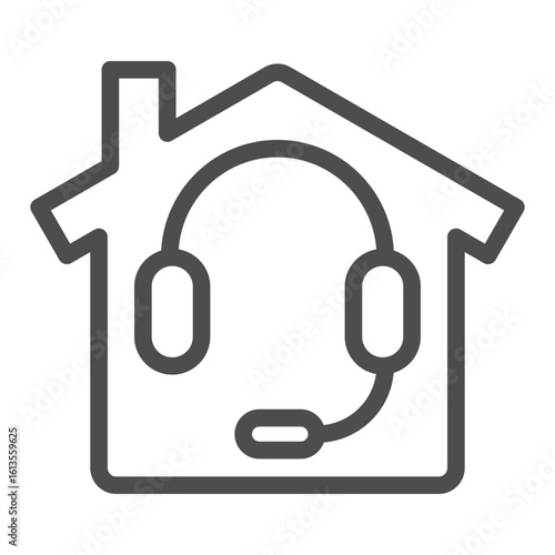House with chimney and headset line icon, work at home concept, remote consultation vector sign on white background, outline style icon for mobile concept and web design. Vector graphics.