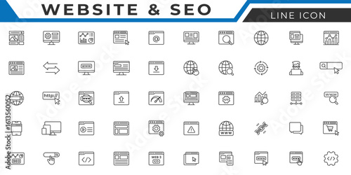 Website line icon set. Containing web design, internet, content, SEO, hosting, blog, homepage, e-commerce line icon collection set.