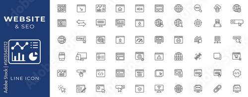 Website line icon set. Containing web design, internet, content, SEO, hosting, blog, homepage, e-commerce line icon collection set.