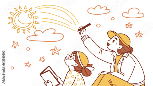 Two people looking at the sky with sun, clouds and stars while one draws a comet with a pen drawing