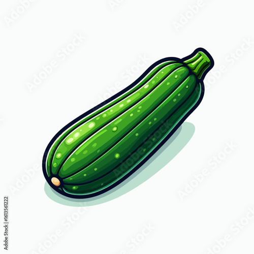 Cartoonish representation of a zucchini, presented in vibrant green tones, against a white backdrop.