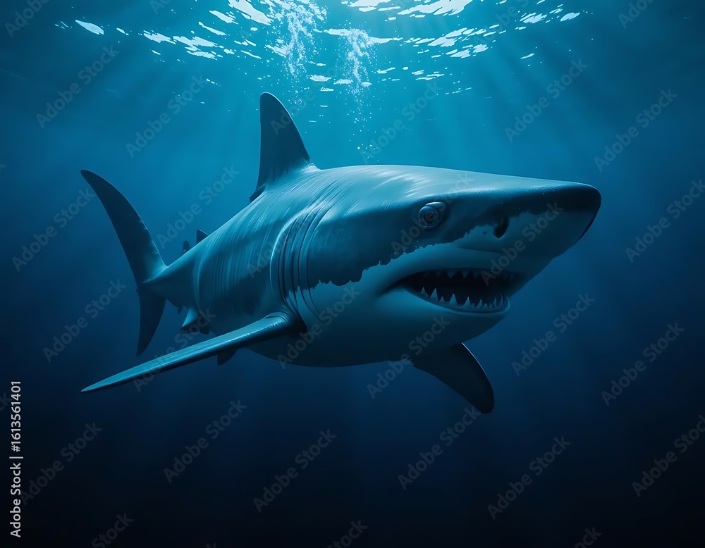 Obraz premium Dramatic 3D Render of a Menacing Great White Shark in Deep Ocean