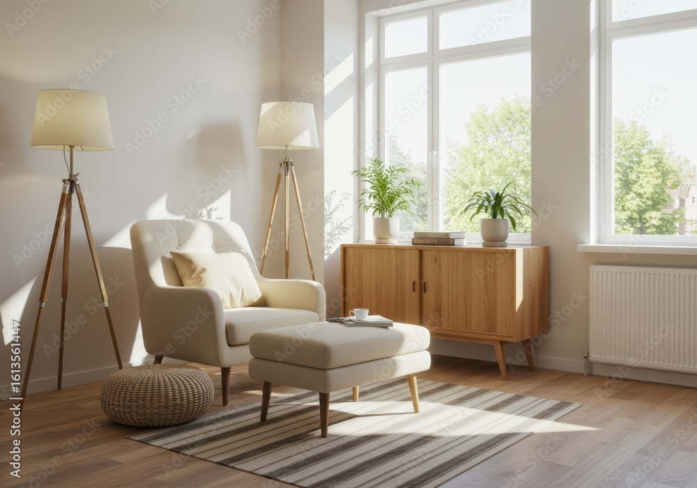 Fototapeta premium Sunlit living room with armchair and ottoman by large window