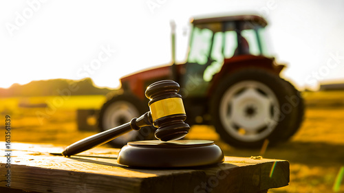 Gavel and tractor symbolizing agricultural law and justice in the countryside
