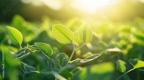 Sunlit vibrant green crops, possibly tomatoes or leafy vegetables, in a healthy garden