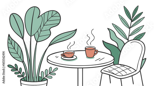 Illustration of a round table with two cups of coffee, a chair, and potted plants on a white background