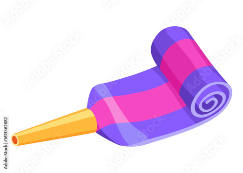 Party blower or noise maker icon. Rolled sound, celebration concept. Flat design of party horn sticker. Vector cartoon illustration