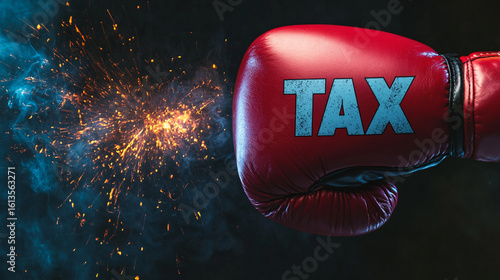 A vibrant red boxing glove, prominently displaying the word TAX with an intense burst of fiery sparks and billowing smoke against a dark background.