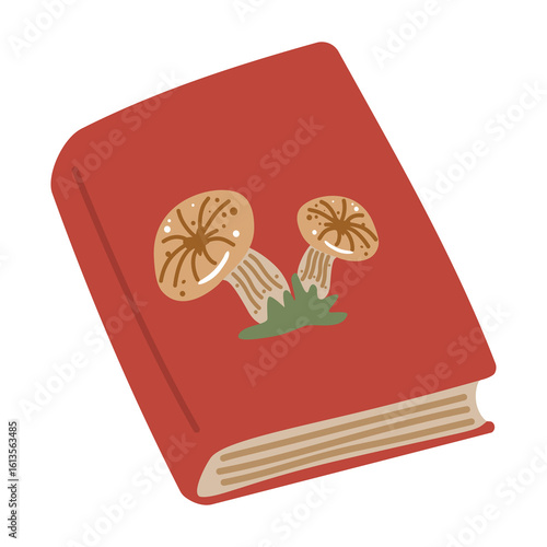 Red book with mushroom illustration. Perfect for nature, fungi, botany, and forest knowledge concepts.
