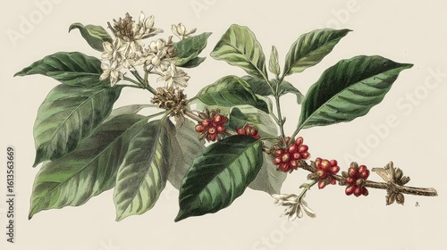 Vintage coffee plant with blossoms and berries