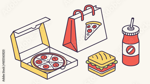 Isometric Line Art Pizza Delivery Food Illustration: Pizza Box, Sandwich, Drink, and Bag
