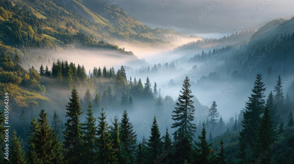 Fototapeta premium Misty mountain valley with pine forests