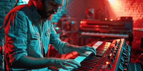 Musician playing keyboard in moody live studio lighting