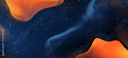 A dynamic abstract background features deep blue and vibrant orange organic shapes with flowing lines, illuminated by shimmering golden particles scattered across the dark expanse.