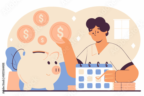 Koncepcyjna ilustracja planowania finansowego i regularnego oszczędzania. Młody mężczyzna wkłada monetę do świnki-skarbonki, planując swój budżet.