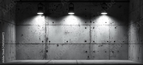 Dramatic spotlights and a freestanding lamp cast bright illumination across the raw, textured concrete walls and floor of this stark, empty industrial space.